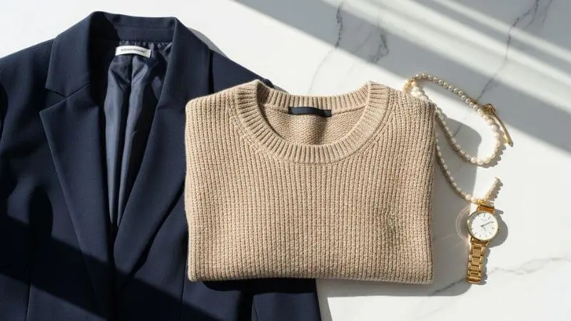 •	Roupas em tons de azul marinho e bege com acessórios dourados para armário cápsula.