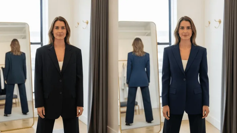 Transformação de blazer mal ajustado para perfeitamente caído mostrando importância do caimento
