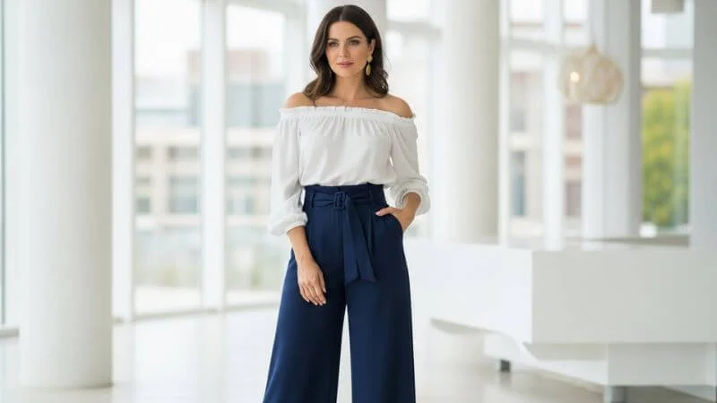 Mulher com corpo triângulo usando blusa ombro a ombro e calça pantalona equilibrando proporções