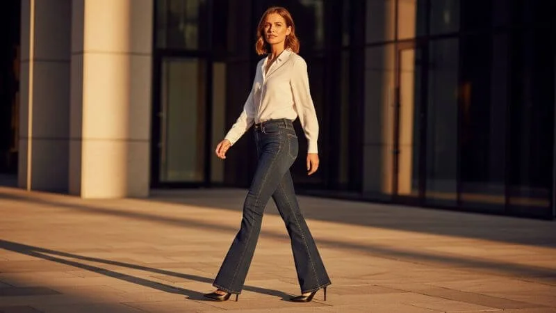 Mulher caminhando com calça flare mostrando efeito alongador e elegante