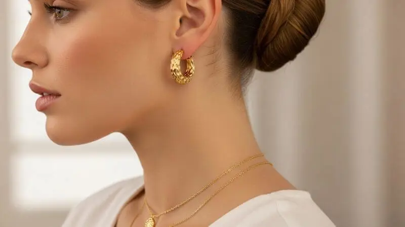 •	Detalhe de brincos de argola dourados e penteado polido para videochamada profissional.