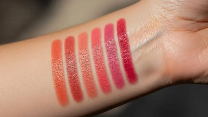 Swatches de batons aplicados no braço para identificar subtom de pele