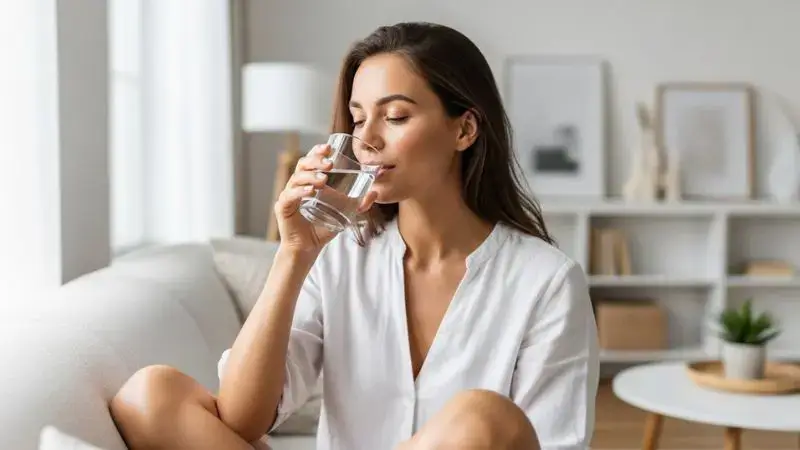 Mulher sorridente com pele radiante e postura confiante representando saúde e autocuidado.