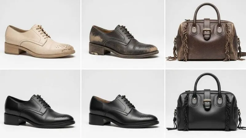 Comparação entre sapatos e bolsas desgastados e bem cuidados mostrando importância da manutenção