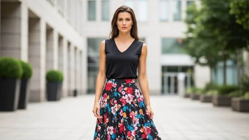 Mulher com corpo triângulo invertido usando decote V e saia rodada balanceando ombros largos