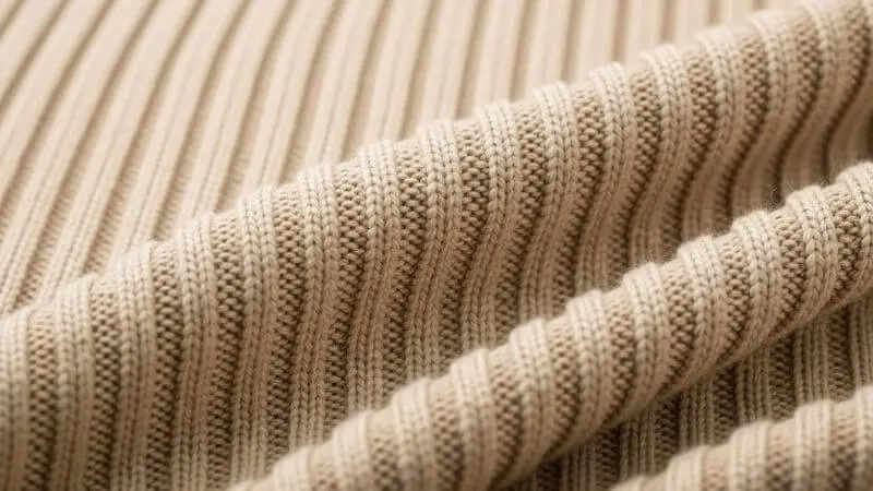 Detalhe de tecido tricô canelado bege para looks elegantes e confortáveis.