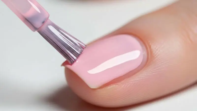 Aplicação precisa de esmalte rosa translúcido mantendo distância da cutícula.