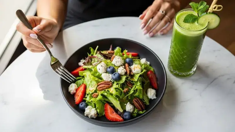 Alimentação saudável e colorida sobre mesa de mármore simbolizando nutrição celular.