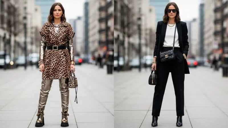 Comparação visual entre look sobrecarregado de tendências e outfit equilibrado com toque moderno"