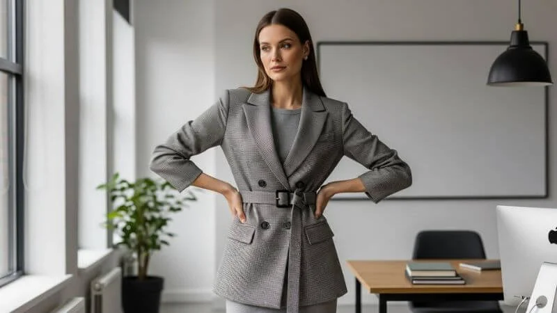 Mulher com corpo retângulo usando blazer com cinto criando ilusão de cintura definida