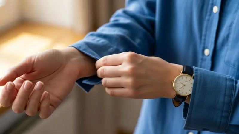 •	Mãos dobrando a manga de uma camisa de linho azul, detalhe de relógio dourado.