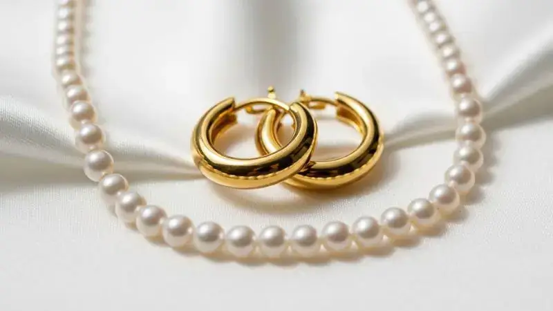 Brincos de argola dourada e colar de pérolas sobre tecido de cetim branco.