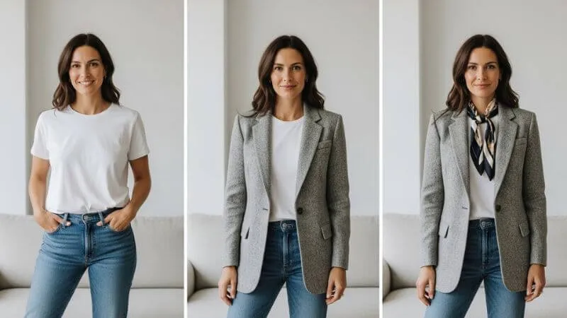 Sequência mostrando transformação de look básico em sofisticado com adição de blazer e lenço