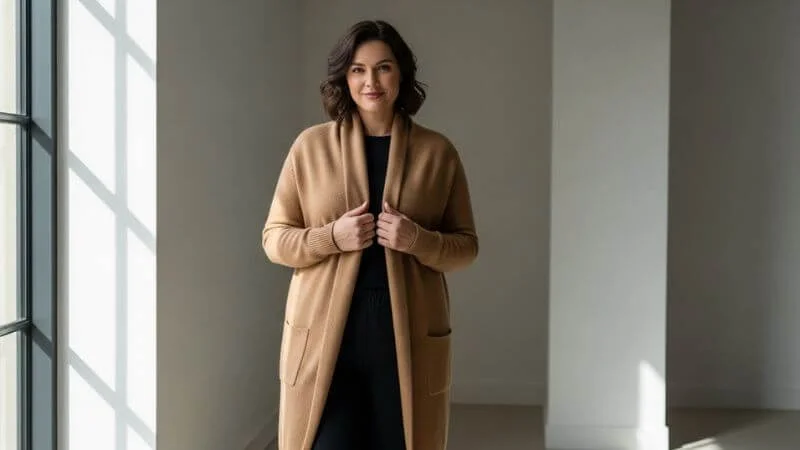 Mulher com corpo oval usando cardigan longo e roupa monocromática alongando silhueta