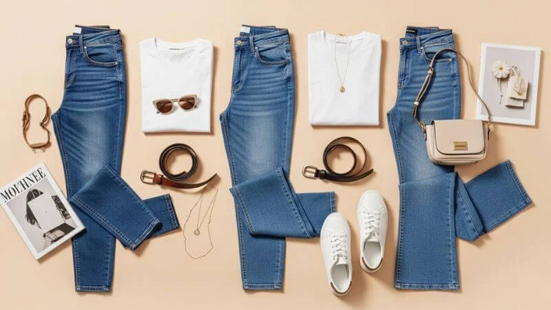 Flatlay mostrando três modelos de jeans com acessórios coordenados