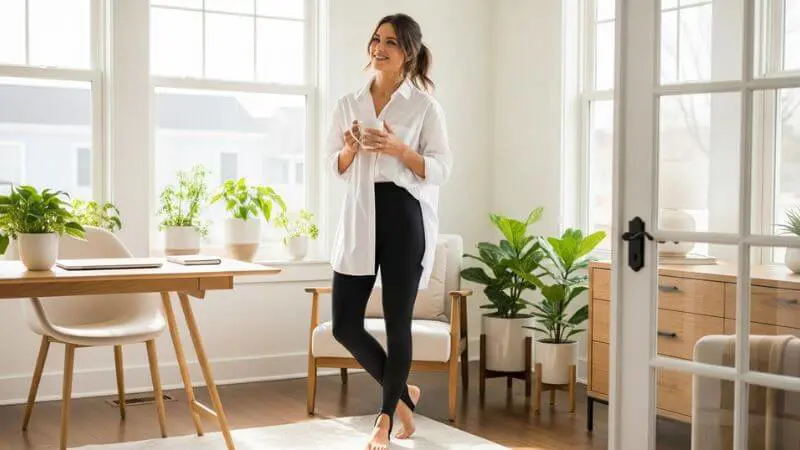 •	Mulher usando camisa branca oversized e legging preta em ambiente de home office moderno.