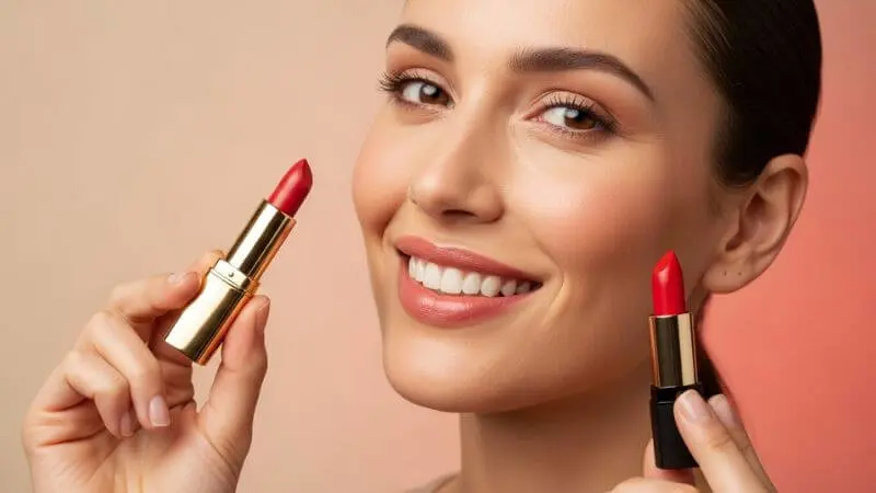 Mulher segurando batom caro e barato, avaliando opções