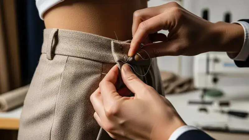 Costureira ajustando calça de alfaiataria bege para caimento perfeito no corpo.