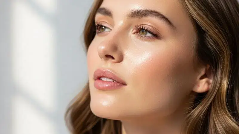 Rosto de mulher com pele radiante e natural.