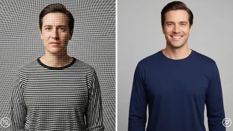 •	Comparação de roupas: estampa listrada fina (ruim) versus cor sólida azul marinho (boa) para vídeo.