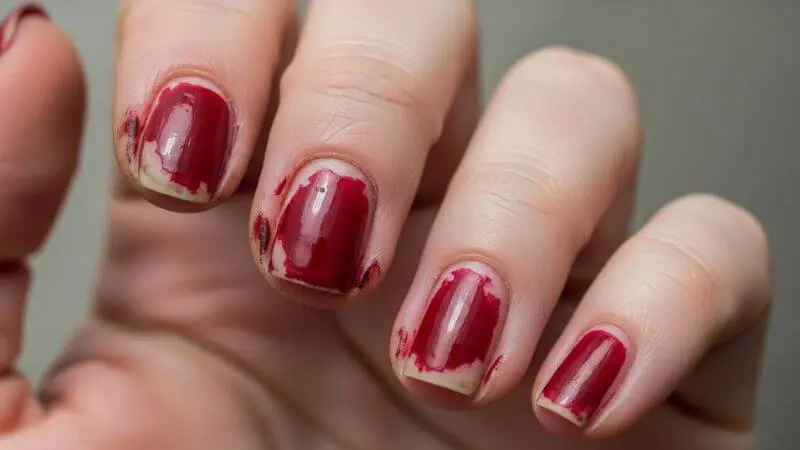 Exemplo de unhas com esmalte lascado e cutículas ressecadas para demonstração de erros.