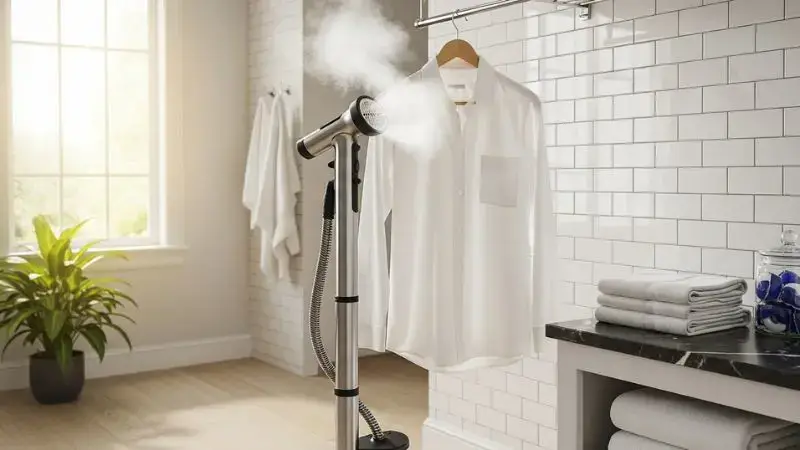 Vaporizador de roupas passando camisa branca de algodão em cabide de madeira.