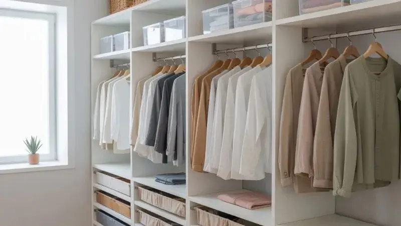 Resultado final de um guarda-roupa cápsula feminino perfeitamente organizado por cores e categorias.