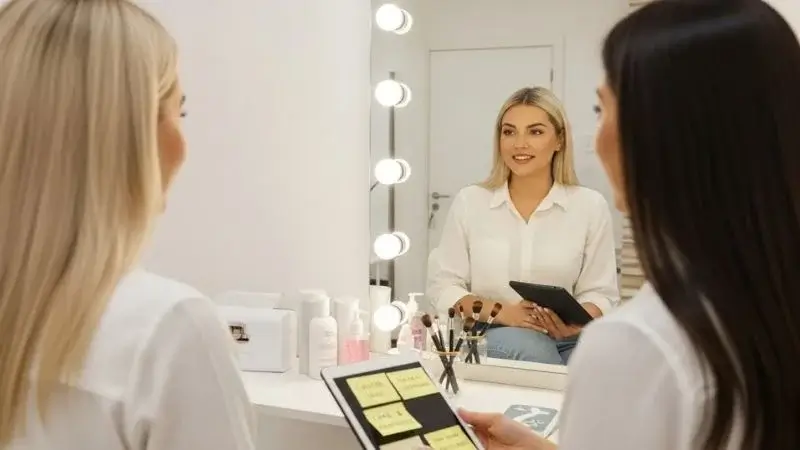 Profissional esclarecendo dúvidas sobre o design de sobrancelhas impecáveis passo a passo para cliente em atendimento no salão.