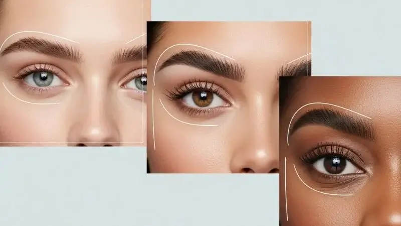 Diferentes formatos de rostos femininos demonstrando como o design de sobrancelhas impecáveis passo a passo deve ser personalizado para cada cliente.