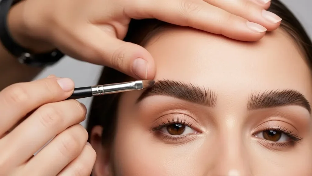 Profissional usando pincel e sombra para o acabamento de um design de sobrancelhas impecáveis passo a passo, valorizando o olhar com uma finalização perfeita