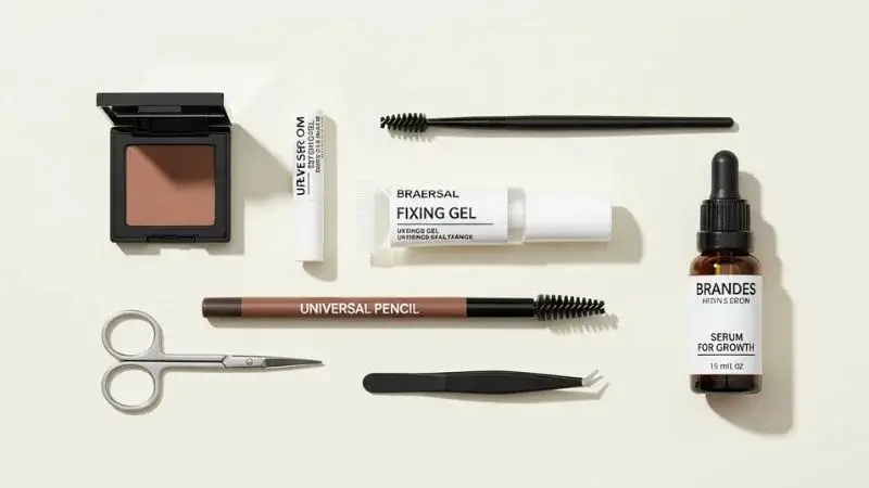 Kit de materiais essenciais, como gel e sombra, para manter o resultado do design de sobrancelhas impecáveis passo a passo por muito mais tempo.