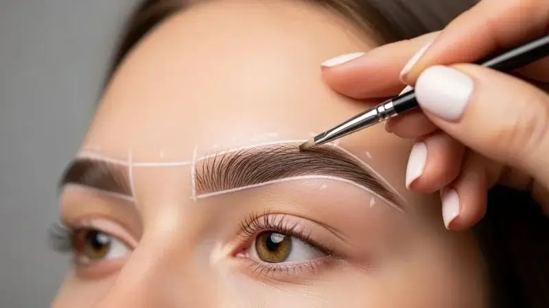 Profissional realizando a marcação dos pontos de simetria para um design de sobrancelhas impecáveis passo a passo, garantindo o formato ideal para a cliente.