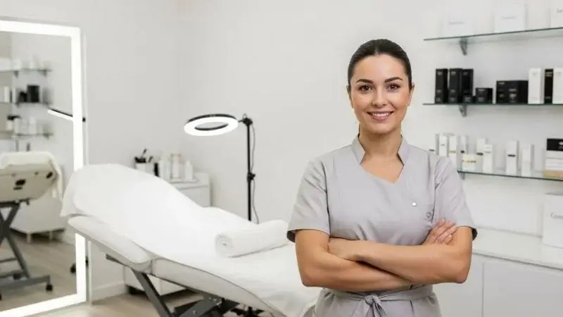 Designer de sobrancelhas confiante em seu estúdio após dominar a técnica de design de sobrancelhas impecáveis passo a passo, pronta para conquistar novas clientes.