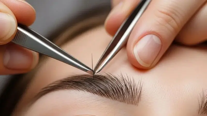 Close de pinça realizando a remoção precisa de fios para um design de sobrancelhas impecáveis passo a passo sem erros.