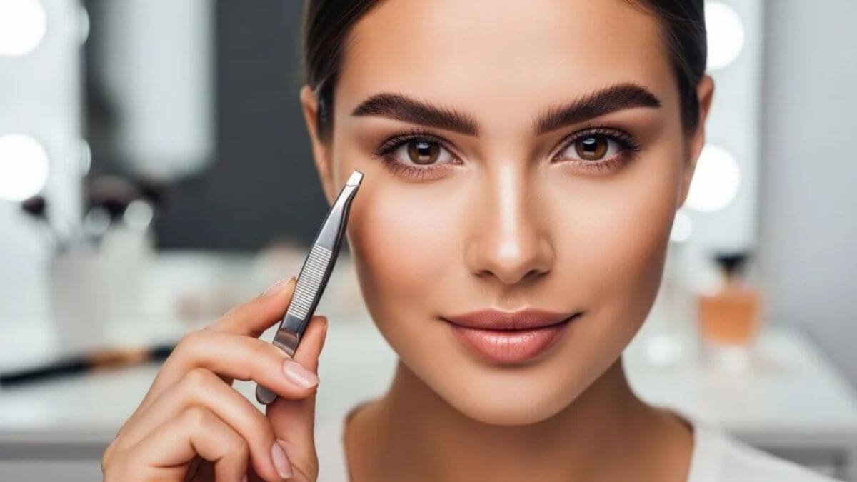 Pessoa segurando pinça para sobrancelhas.