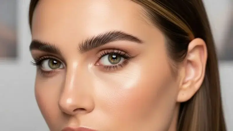 Close de olhar realçado após um design de sobrancelhas impecáveis passo a passo, destacando a transformação natural e o acabamento profissional.