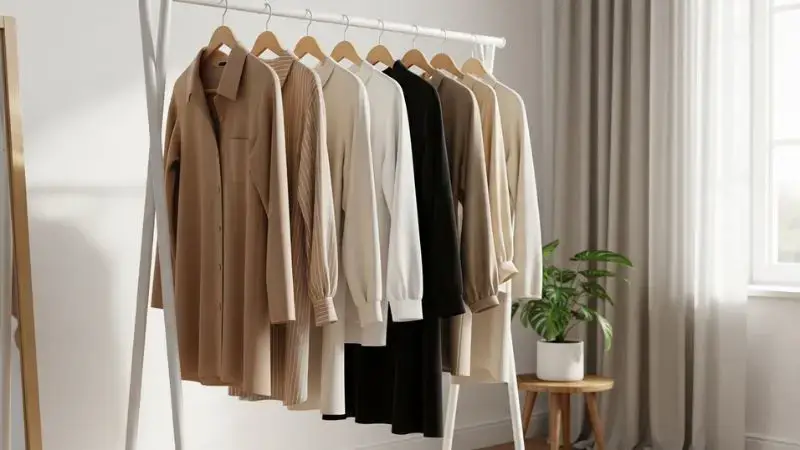 Arara de roupas organizada com peças baratinhas e elegantes em tons neutros.