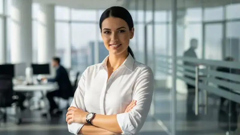 •	Mulher elegante em ambiente de trabalho usando camisa branca clássica e calça de alfaiataria.