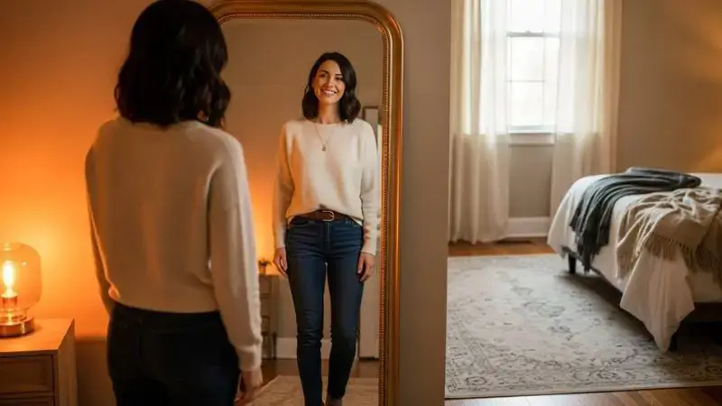 •	Mulher feliz se olhando no espelho após consultoria de imagem do curso Chic e Versátil.