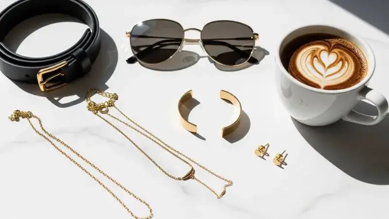 •	Composição de acessórios femininos dourados e óculos de sol sobre superfície de mármore.
