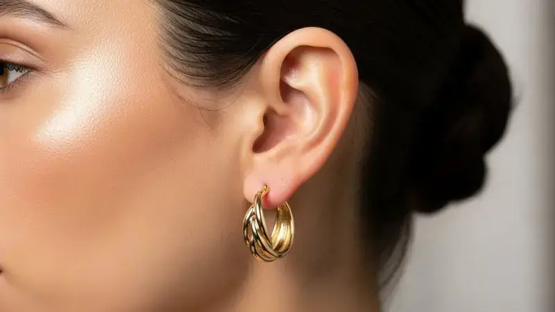 Detalhe de brincos de argola dourados minimalistas em modelo feminina