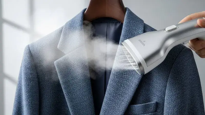 Pessoa utilizando vaporizador em blazer para garantir um visual impecável e elegante.