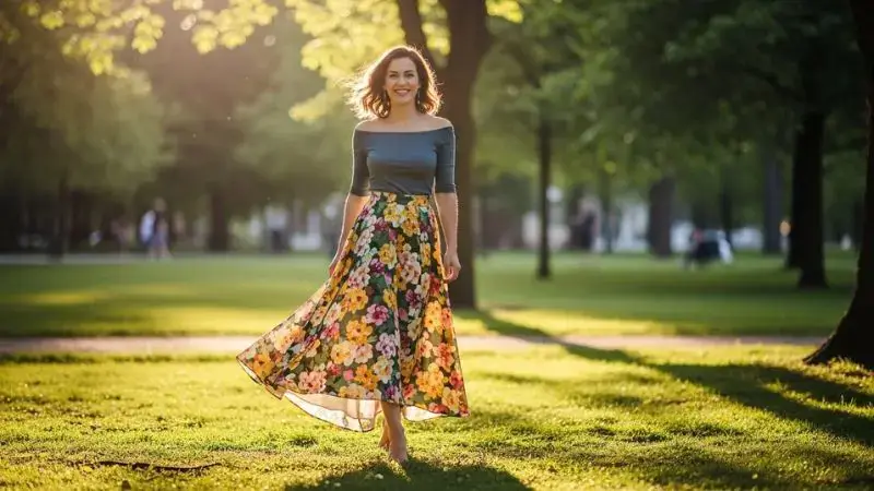 Mulher confiante e elegante caminhando ao ar livre com look de verão 2026