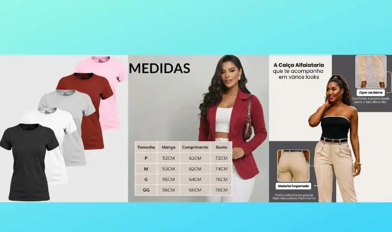 Montagem de três produtos de moda feminina. À esquerda, cinco camisetas básicas em cores preto, branco, cinza, bordô e rosa. Ao centro, uma tabela de medidas sobreposta à foto de uma modelo usando blazer bordô. À direita, modelo vestindo calça de alfaiataria bege com detalhe de zíper na barra.