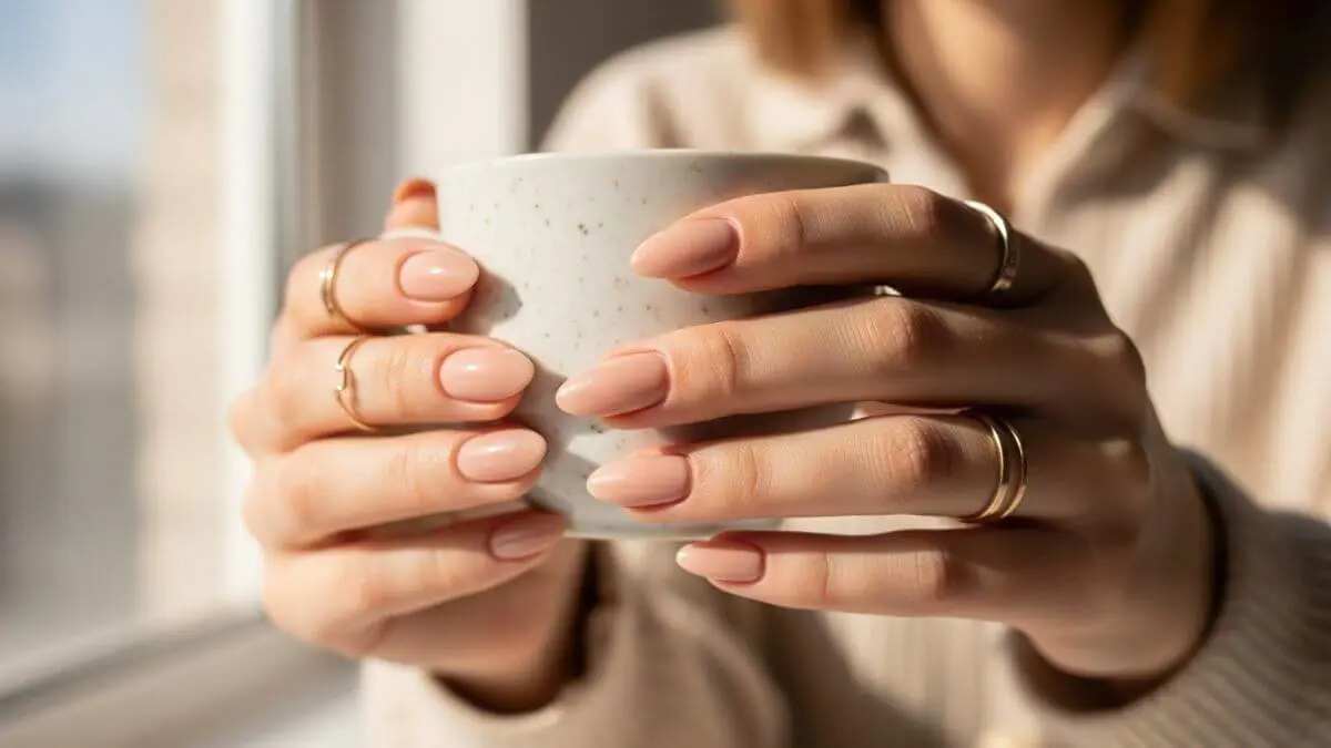 Mãos femininas com unhas feitas em formato amendoado e esmalte nude segurando uma xícara de café clara.