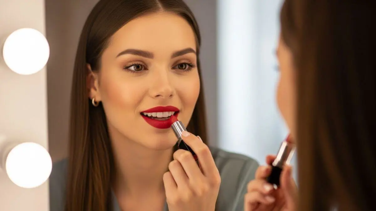Mulher elegante aplicando batom matte vibrante em frente ao espelho iluminado, maquiagem acessível e moderna