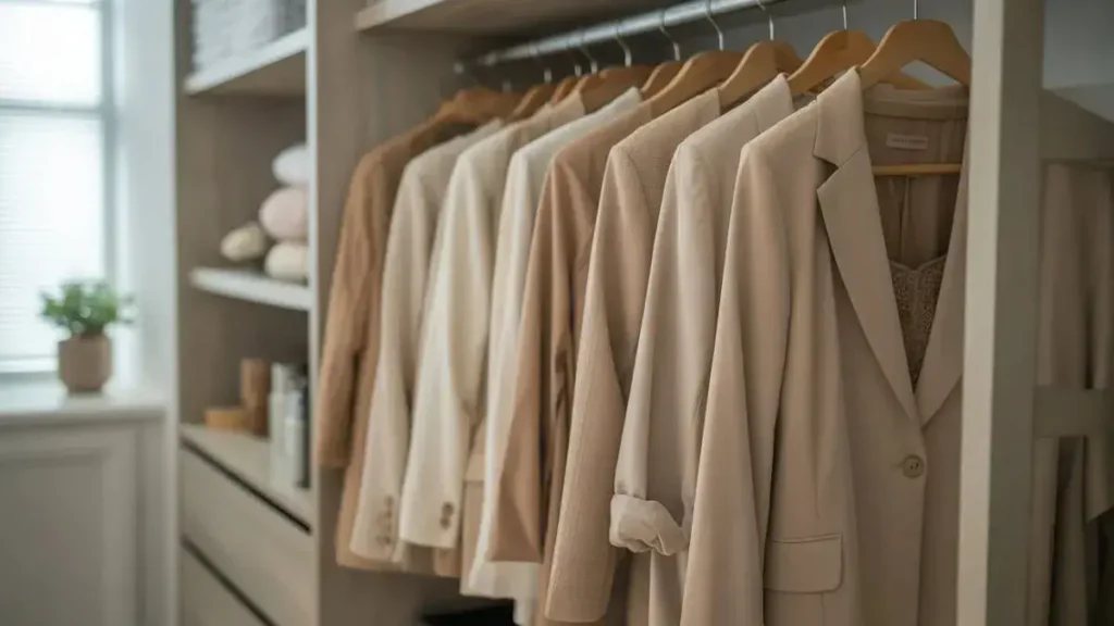 Capa do guia guarda-roupa cápsula feminino 2026 com closet organizado em tons neutros.