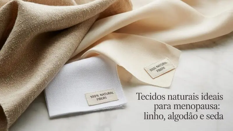 Flatlay de amostras de tecidos naturais: linho bege, algodão branco e seda marfim para roupas de menopausa