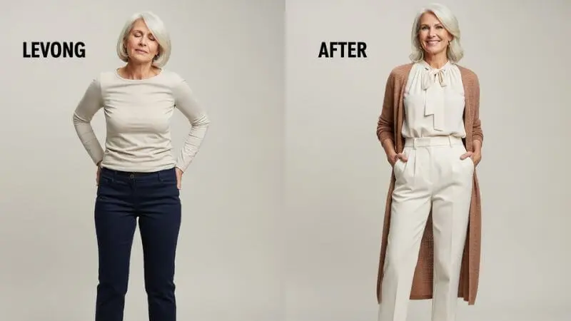 Comparação de modelagens: roupa inadequada vs roupa adequada para corpo na menopausa, diferença visual