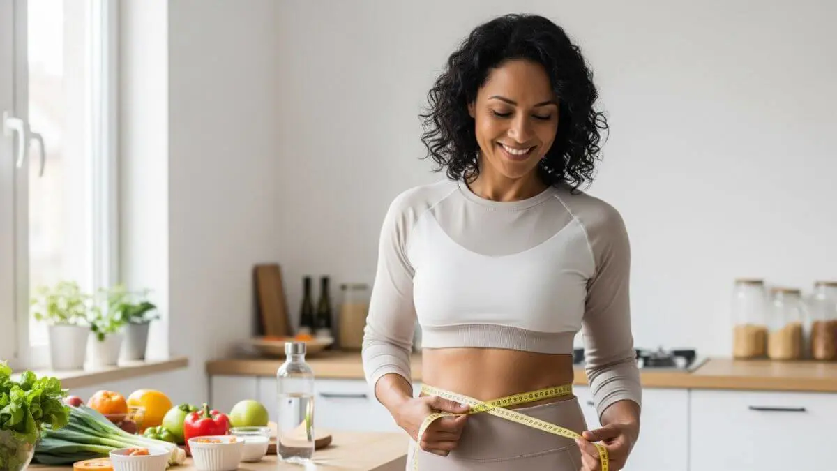 Mulher madura medindo cintura com fita métrica em cozinha saudável, método STC para emagrecer e chapar barriga